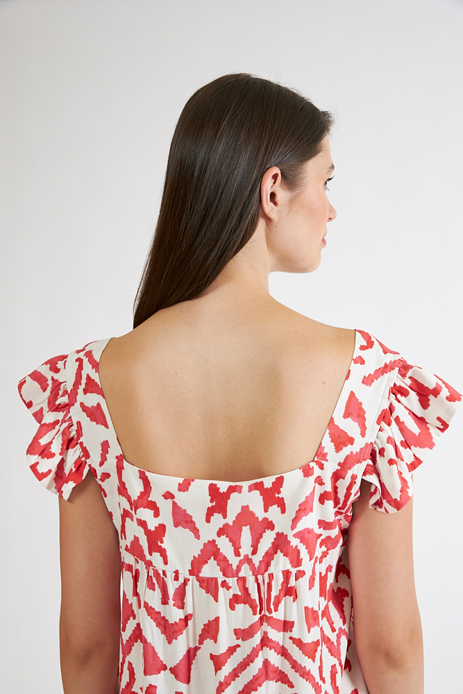Φόρεμα Εμπριμέ Linen viscose κοντομάνικο με βολάν