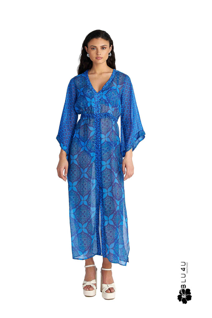 BLUE IKAT Ημιδιάφανο Μακρύ Καφτάνι Παραλίας με Ikat Τύπωμα