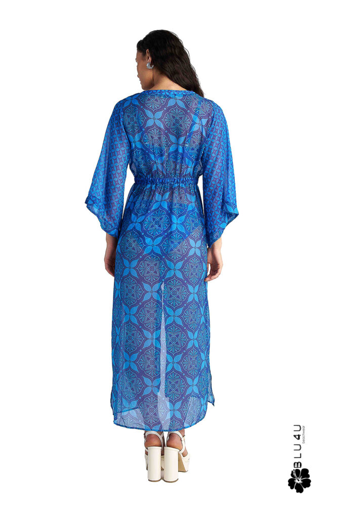 BLUE IKAT Ημιδιάφανο Μακρύ Καφτάνι Παραλίας με Ikat Τύπωμα